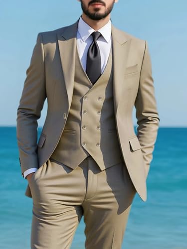i·FineLong Men's 3 Piece Slim Fit Suits Double Breasted Suit Formal Tailcoat for Men, Casual Wedding Party Groom Suit4