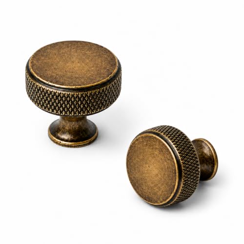 Asidrama 10 Pack Brushed Antique Brass Cabinet Knobs Heavy-Duty Solid Kitchen Cabinet Pulls Aged Brass Dresser Drawer Hardware for Cupboard