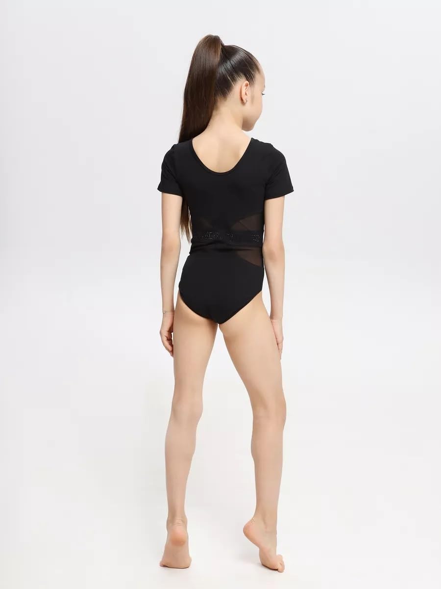 Gymnastikanzug Mädchen Kurzarm mit Mesh-Cut-Outs & Strass-Gürtel – für Rhythmische Sportgymnastik, Ballett & Tanz | 4-Wege-Stretch, 92% Baumwolle, Schwarz