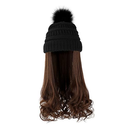 Bonnet hiver chaud femme avec perruque intégrée et pompon doux pour cheveux longs