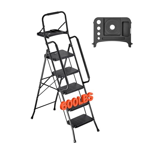 VEVOR 5 Step Ladder, Folding Step Stool with Wide Anti-Slip Pedal, Tool Tray, Dual Side Handrails, 600 lbs Capacity Portable Steel Ladder, Multi-Use for Kitchen, Home, Household and Office, Black by VEVOR - Used condition - US$84.73