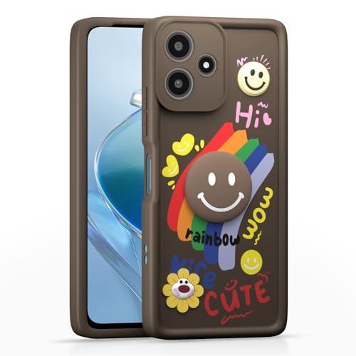 Image of Pikkme Back Cover for Redmi 12 5G / Poco M6 Pro 5G | Soft Silicone| Cute Rainbow Smile & 3D Cartoon Flower Design | Shockproof Raised Camera Protection Bumper Case (Brown)