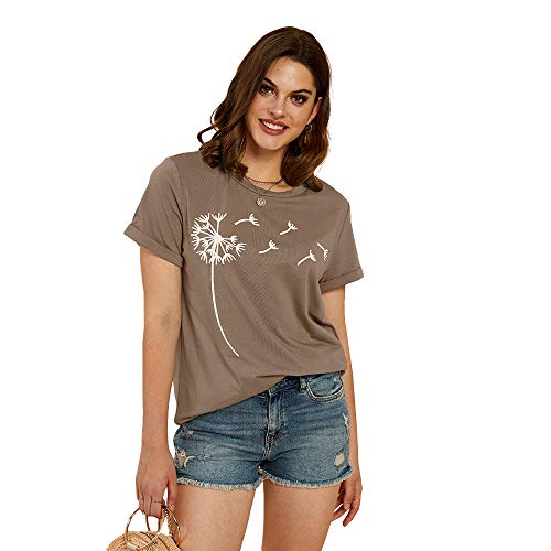 Cicy Bell Women's Dandelion Print T Shirts Cute Graphic Tees Short Sleeve Summer Cotton Tee Tops Brown #TOP2