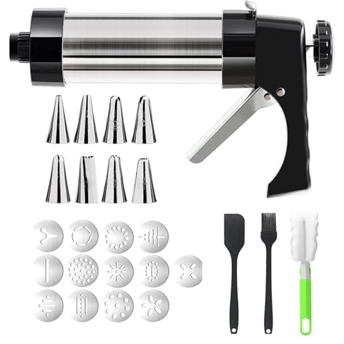 Stainless Steel Cookie Press Gun & Churro Maker Machine - Baking Gun with Discs & Nozzles (8 Tips, 13 Discs, 1 Baking Scraper, 1 Baking Brush, 1 Sponge Brush Cookie Cutters) Accessories Set