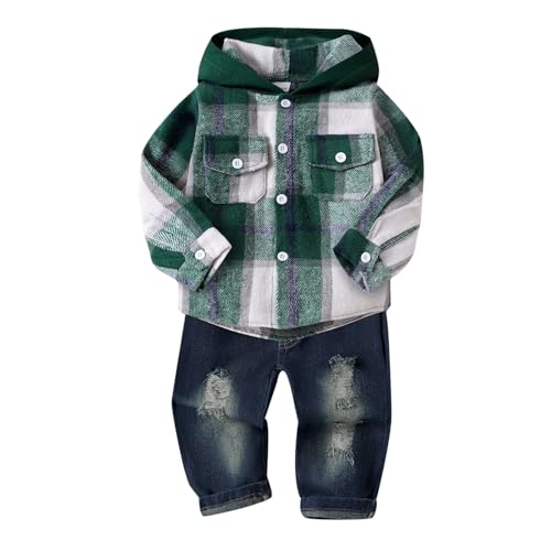Image of Toddler Baby Boy Fall Winter Clothes Long Sleeve Plaid Hooded Sweatshirt Ripped Holes Jeans Set 1-5 Years Old