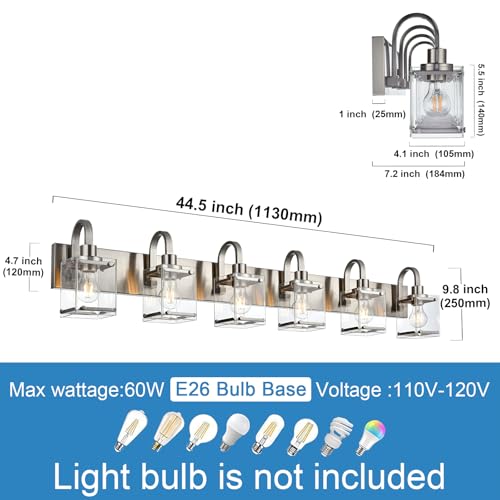 Image of 6-Light Bathroom Light, Brushed Nickel Vanity Light Fixture Over, Mirror,Modern Wall Lamp with Clear Glass Shade Wall Sconce Lighting for Living Room, Bedroom, Hallway