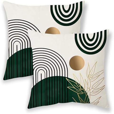 BETGINY Boho Summer Pillow Covers 18x18 Inch 2 Pcs, Dark Green and Golden Leaf Outdor Decorative Throw Pillows, Mid Century Abstract Art Farmhouse Decor Pillowcase Linen Cushion Cover for Couch Sofa Cover