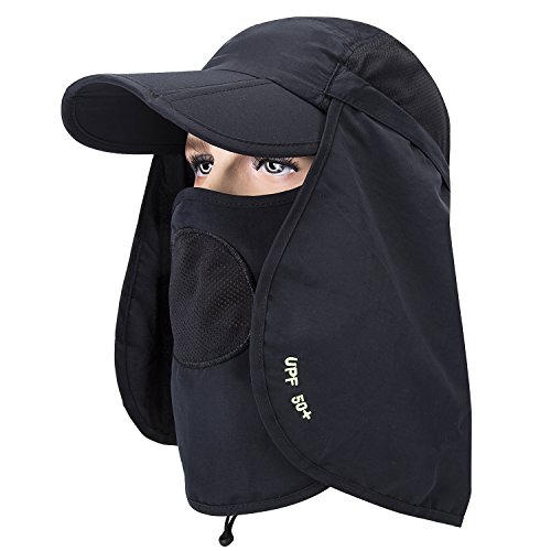 YCHY Folding Fishing Hat 360° Solar Protection UPF 50+ Unisex Flat Sun Caps Removable Neck&Face Flap Cover Hats for Hiking,Fishing,Hunting,Backpacking,Cycling, Camping,Outdoor Sports (Black)