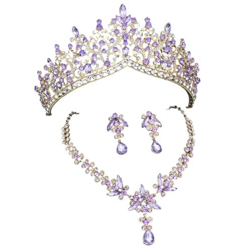 Juegos de joyería de novia con cristal púrpura tiara collar y pendientes