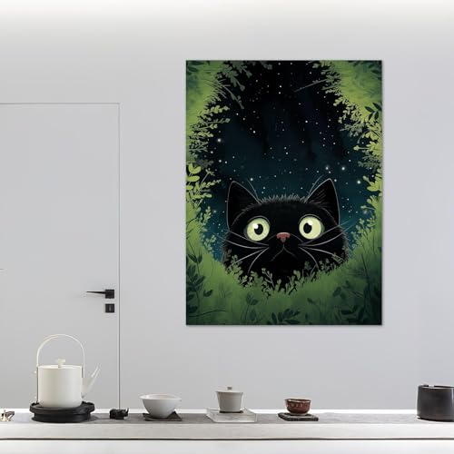 Art Mural Vintage Chat Noir en Toile Grand Format 70x90cm pour Salon