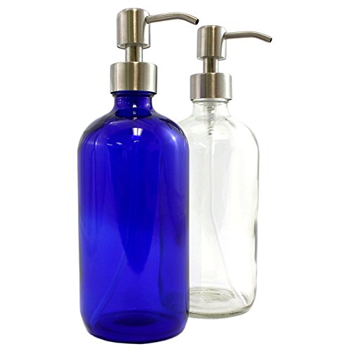 Cornucopia Brands Clear & Cobalt Blue 16-Ounce Glass Bottles with Stainless Steel Pump Nozzles Included (2 Pack); Empty Multipurpose Bottles Ideal for Lotion & Liquid Soap