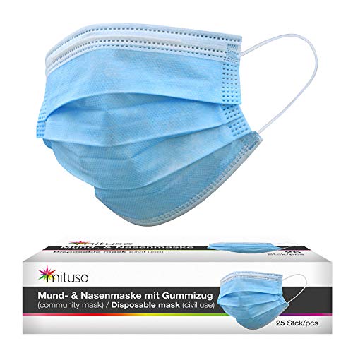 Preisvergleich Produktbild mituso Mund- und Nasenmaske, 25er Pack, Einweg Maske, 3-lagig Gummizug