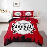 Erosebridal Full Size Baseball Bedding Set, Sports Games Comforter Set for Kids Boys Teens, Baseball City Duvet Insert American City Silhouette Down Comforter with 2 Pillow Cases, Red Black