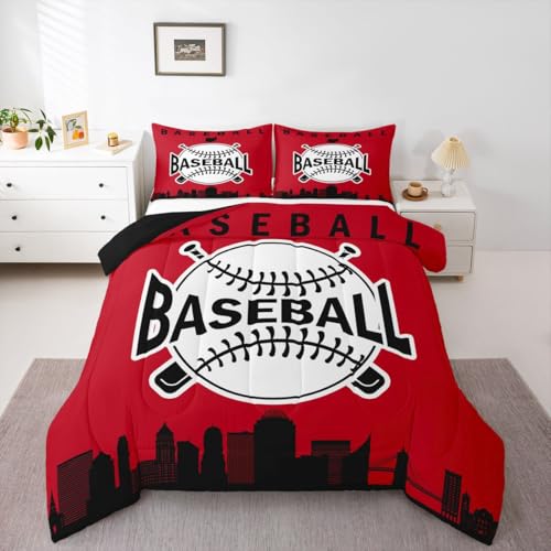 Erosebridal Full Size Baseball Bedding Set, Sports Games Comforter Set for Kids Boys Teens, Baseball City Duvet Insert American City Silhouette Down Comforter with 2 Pillow Cases, Red Black