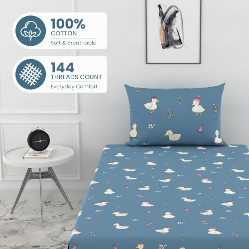 Image of LORETO - A QUALITY LINEN BRAND 144 TC 100% Pure Cotton Single Fitted Bedsheet with 1 Pillow Cover for 72 x 36 Inch Mattress, All-Around Elastic, 8 Inch Deep Pocket, Pastel Blue Duck Party