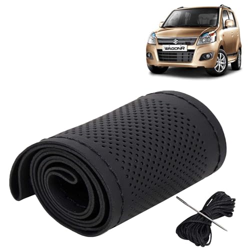 Image of KINGSWAY PU Leatherite Car Steering Cover Sewable Compatible with Maruti Suzuki Wagon R (Year 2010-2018), Black Color with Black Thread, Pack of 1 with Sewing Needle and Thread