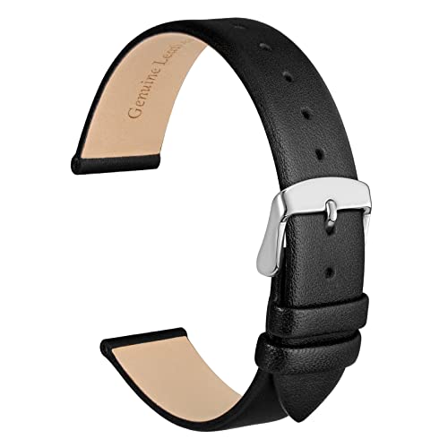 WOCCI 18mm Lug Width, Elegant Watch Band, Genuine Leather Replacement Strap with Silver Buckle (Black)