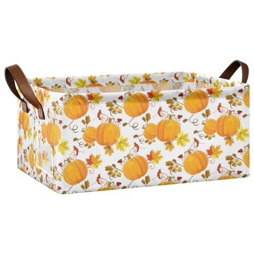Fygkptb Seamless Orange Floral Autumn Pumpkins with Maple Oak Tree Leaves 1 PC Rectangle Foldable Frame Basket Leather Handles Storage Bin for Laundry Bathroom Organizer 16.9 x 11.4 x 7.7 inch