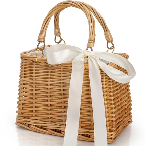 Image of Pumtus Handwoven Rattan Handbag, Wicker Rectangle Basket Purse with White Ribbon, Summer Beach Top Handle Clutch, Boho Style Woven Purse, Rustic Flower Basket for Women, Travel, Vacation, Wedding