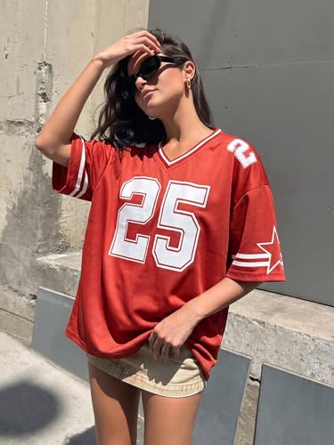 Image of Jersey Shirts for Women Y2k Graphic Tees V Neck Baggy Streetwear Number Oversized T Shirt Summer Tops
