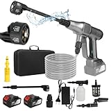 Nettoyeur Haute Pression sans Fil, 21V Max 200 Bar Nettoyeur Haute Pression sur Batterie 6,0Ah, Press & Clean Pistolet de Lavage avec écran LCD de Puissance et 3 Vitesses (Argent)