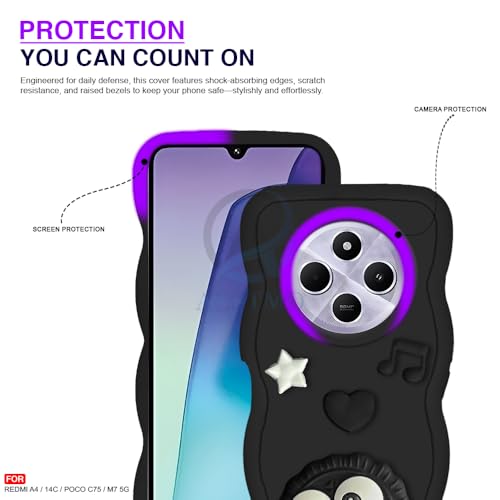 Image of AESTMO Back Case Cover for Redmi A4 / 14C / Poco C75 / M7 5G | 3D Cute Fun Cartoon Characters | Anti Slip Grip Cute Wave Curly Frame Shape | Full Body Protection Back Cover (Black)