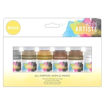 Artiste Acrylic Paint Set Pack of 6X 59ml 2oz -Metallic Colours, Quick-Drying Professional Art and Hobby Craft Artists Paint, Water-Based Paints Cover All Surfaces with Ease, Ideal for Travel Artists