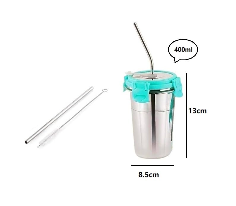 Image of Stainless Steel Fusion Glass Tumbler with Stainless Steel Metal Straws and Cleaning Brush with Steel Lid (SIP Easy 400ML)