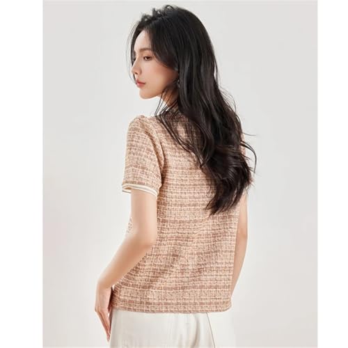 Women Tweed Plaid Round Neck Short Sleeve T Shirt Elegant Slim Fit Sexy Sweater3
