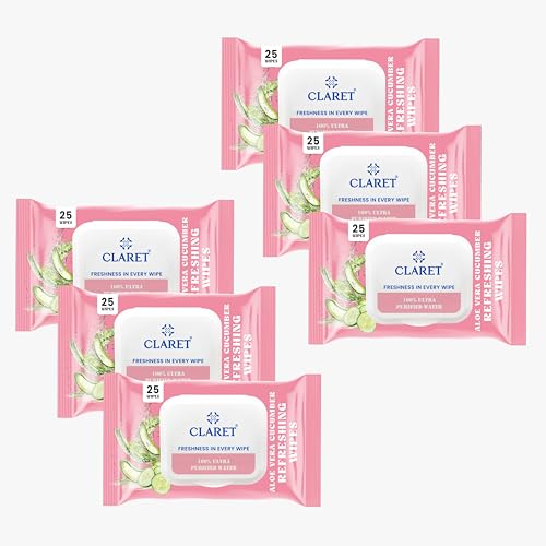 Image of Claret Refreshing Wet Wipes With Aloe Vera & Cucumber For Face & Body | 25 Pulls | 100% Ultra Purified Water | pH Balanced & Alcohol-Free (Pack Of 6)