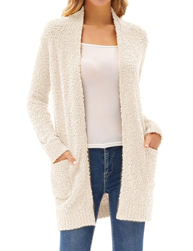 GRACE KARIN Long Cardigan Sweaters for Women, Open Front Fuzzy Winter Coat, Chunky Knit Winter Clothing Pockets Cream M