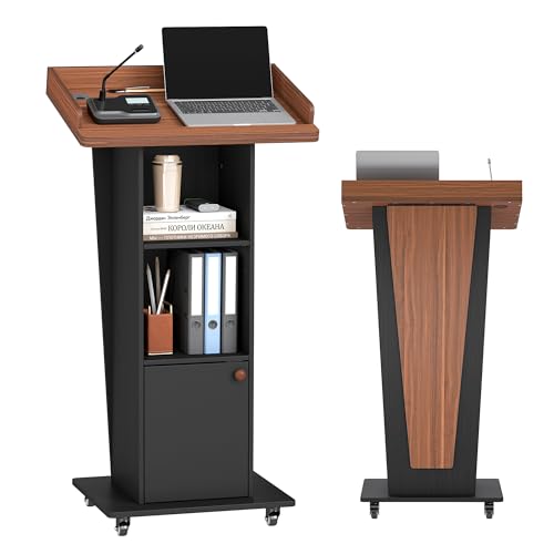 Image of Baoz 15° Tilted Podium Stand with Storage & Lockable Wheels, Wooden Lectern with Adjustable Shelf, Mobile Portable Pulpit for Classroom, Church, Office (Black Brown)