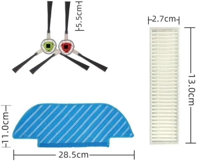 Dimensions of side brush, mop cloth, and filter