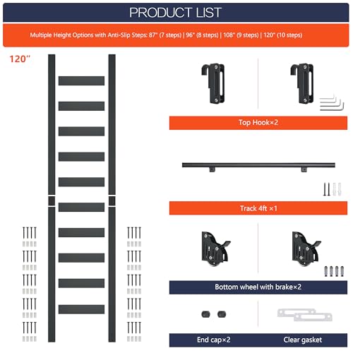 Image of 120 inch Black Sliding Library Ladder with 4FT Hook Track - Lightweight Aluminum Rolling Ladder with Braking Wheels, Space-Saving Rail Mounted Ladder System for Home Library, Closet & Storage