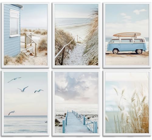 6Pcs Blue Coastal Beach Canvas Wall Art Summer Tropical Ocean Picture Wall Decor Nautical Surfboard Bus Posters Preppy Beach Painting Prints Artwork for Living Room Bedroom Bathroom Home Decoration