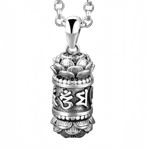 HannaFires Silver Tibetan Prayer Wheel - Spinning Buddhist Mantra Necklace, Bless Peace And Good Luck, Pendant Prayer Locket (Shurangama)