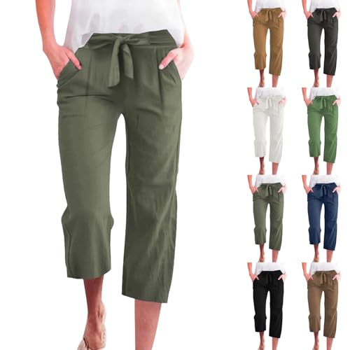Capris Pants for Women Casual Summer Wide Leg Linen Pants Tie Belt Elastic Waist Beach Cropped Trousers with Pockets