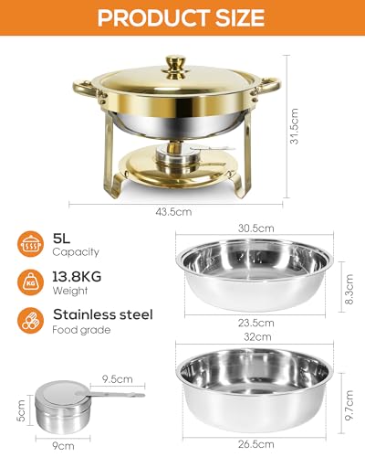 WENMILY Rund Chafing Dish Buffet Set 5L[Robust und hochwertig],2pcs Edelstahl Warmhaltebehälter [Elegante Gold und Silberfarben] Speisenwärmer für Catering Buffet und Party(Rollrand-Design)