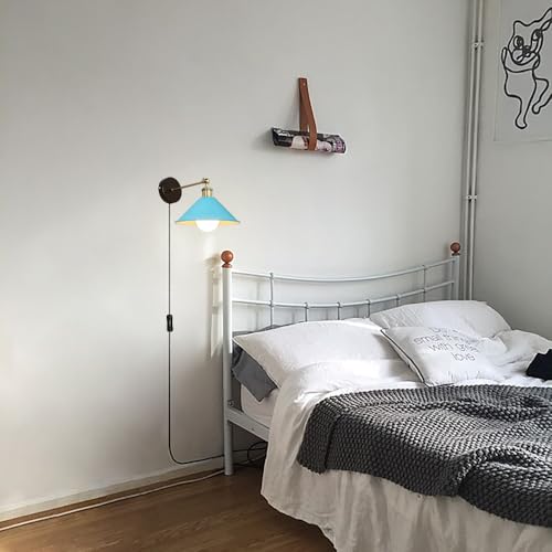 Image of ANYE Wall Sconce UL Plug-in Cord Bronze E26 Base Retro Minimalist Style Macaron Blue Iron Shade Wall Light Fixture for Cabinet Kitchen Hotel Bulb Sold Separately