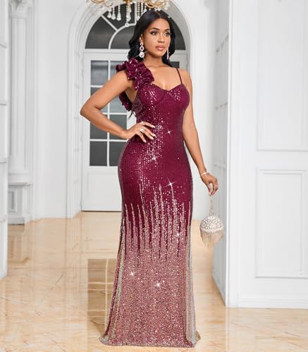 Image of Cololura Women Sexy Elegant Sequin High Split Ruffled Hem Mermaid Party Cocktail Bodycon Formal Evening Gowns Maxi Dress
