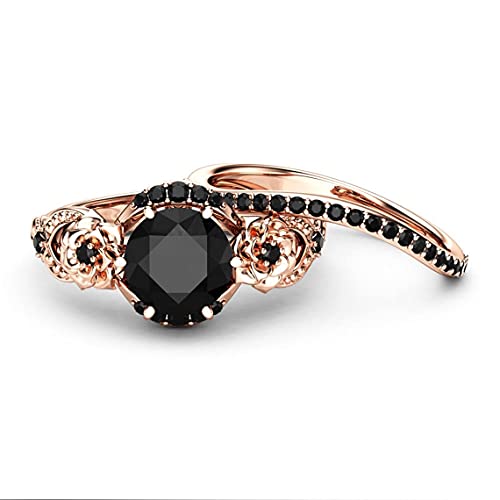 Sunargi 3 Ct Round Cut Onyx Black Diamond Flower Design Bridal Wedding Ring Set For Women In 925 Sterling Silver 14K Rose Gold Finish Rhodium Plated (11) #TOP2