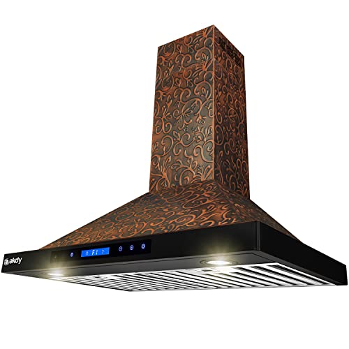 Akdy Wall Mount Range Hood - Embossed Copper Hood Fan For Kitchen - 4-Speed Professional Quiet Motor - Premium Touch Control Panel - Elegant Vine Design - Dishwasher Safe Baffle Filters (30 In.) #TOP2
