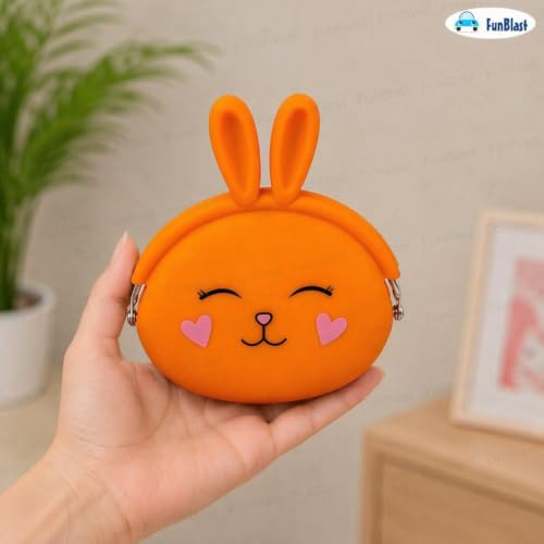 Image of FunBlast Cute Bunny Shape Silicone Coin Purse for Kids & Adults - Mini Pouch for Coins, Earphones, Keys & Small Essentials, Aesthetic Pouches for Girls & Women - 12 X 9.5 X 3 Cm (Bunny-Orange)