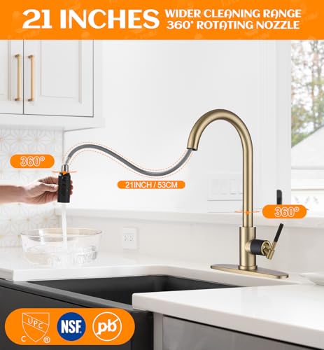 Image of Black and Gold Kitchen Faucet,Stainless Steel Faucet for Kitchen Sink with Pull Down Sprayer, Single Handle High Arc Gooseneck Sink Faucet for Bar RV, Fit for 1 /3 Hole Brushed Finish
