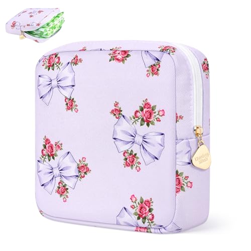 Image of Sanitary Pad Storage Bag Portable Period Bag for Teen Pads /Sanitary Napkins /Small Tampons, Sanitary Napkin Storage Bag First Period Gifts for Teen Girls (Purple Rose Bowknot)