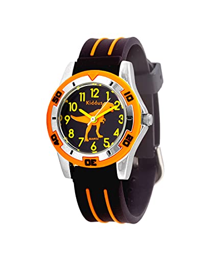 Kiddus Montre Educative pour Fille et Garçon. Analogique, Bracelet, avec Exercices Time Teacher pour Apprendre à Lire l’Heure. T-Rex