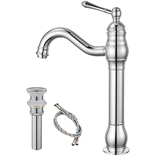 Heyalan Badezimmer-Waschbecken-Wasserhahn, poliertes Chrom, verstellbarer Schwenkauslauf, hoher Körper, Einhandgriff, Waschtisch-Mischbatterie mit Pop-Up-Ablaufgarnitur, ein Loch, Deck montiert Cover