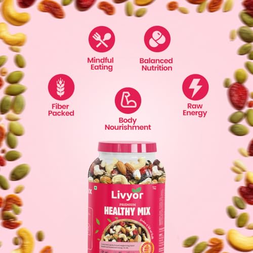 Image of LIVYOR Healthy Mix Nuts, Seeds And Berries Combo Pack - 1Kg| Mix Dry Fruits| Trail Mix| Cashews & Almonds| Black Raisins| Pumpkin| Sunflower & Flax| Cranberries| Cherries & Dried Amla| (Pack Of 1)