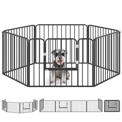 PawHut Box per Cani Taglia Media e Piccola a 6 Pannelli Modulabili da Interno ed Esterno, Cancello per Cani in Acciaio con 7 Picchetti, 164x83x60 cm, Nero