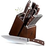 CoquusAid Knife Set, New 15° Beveled Easy Insert, 15 Pcs Kitchen Knife Block Set with Block and Sharpener, German Vacuum Oil Cooled Crafted, Countertop-Free Steak Knife Set, Stainless Steel Brown